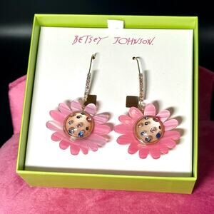Betsey Johnson Pink Sparkly Crystal Accented Drop Earrings